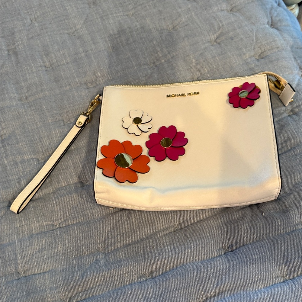 Michael Kors Leather Cream Clutch Purse with Floral Accents
